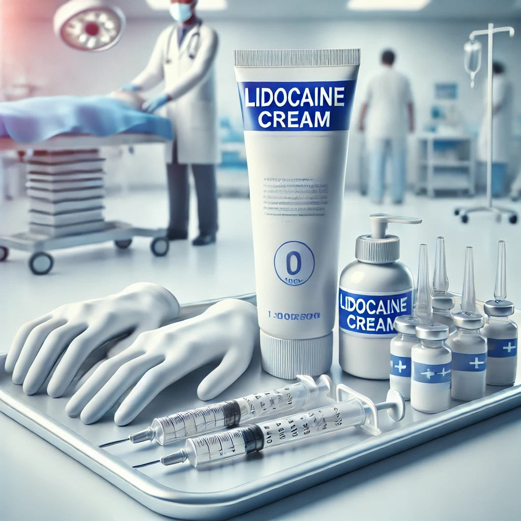 Ein medizinisches Tablett mit einer Tube Lidocain-Creme, umgeben von sterilen Instrumenten wie Spritzen und Handschuhen, in einer Krankenhausumgebung mit verschwommenem Arzt im Hintergrund.