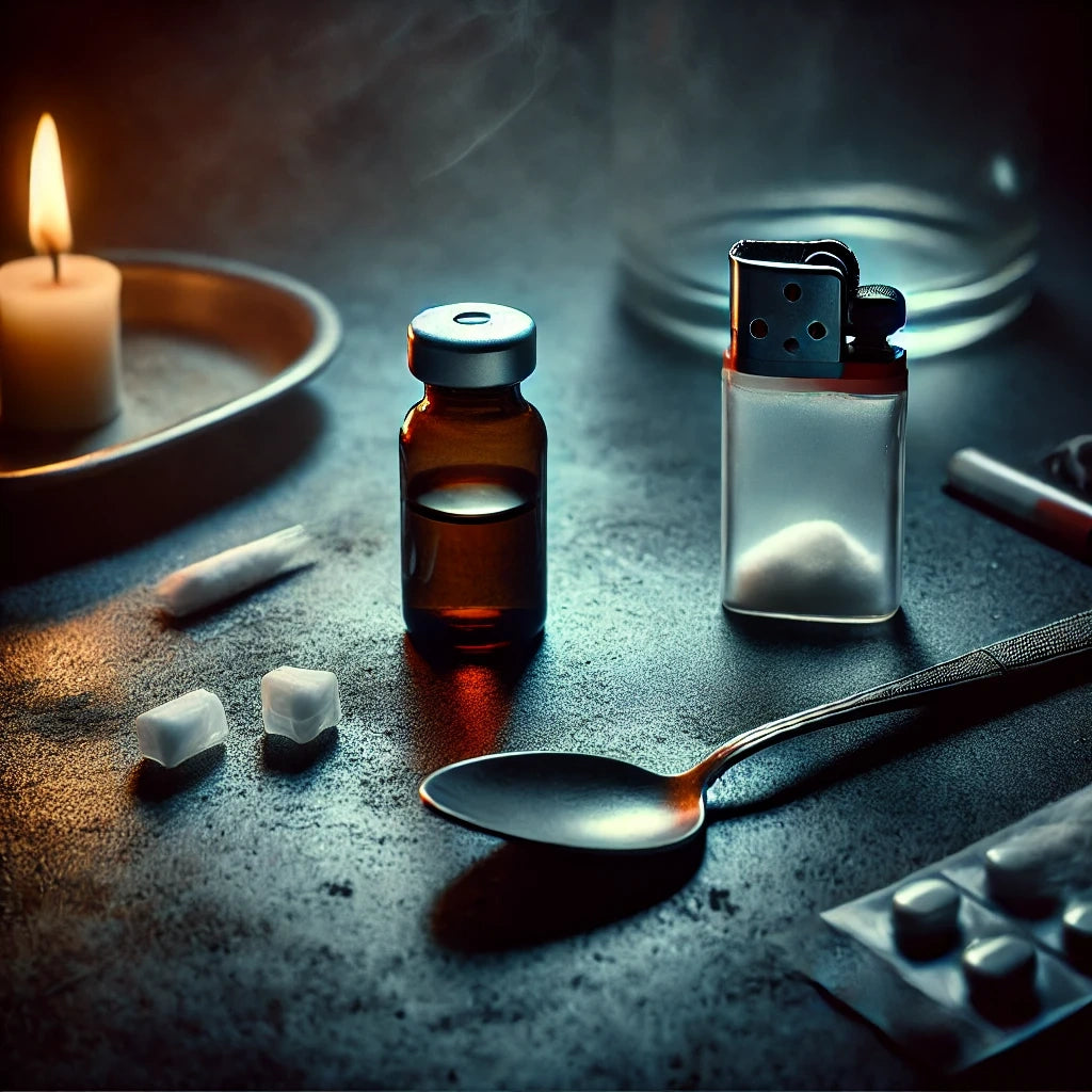 Eine düstere Darstellung des Missbrauchs von Lidocain als Droge, mit einer kleinen Lidocain-Flasche neben einem Löffel und einem Feuerzeug auf einem dunklen Hintergrund.