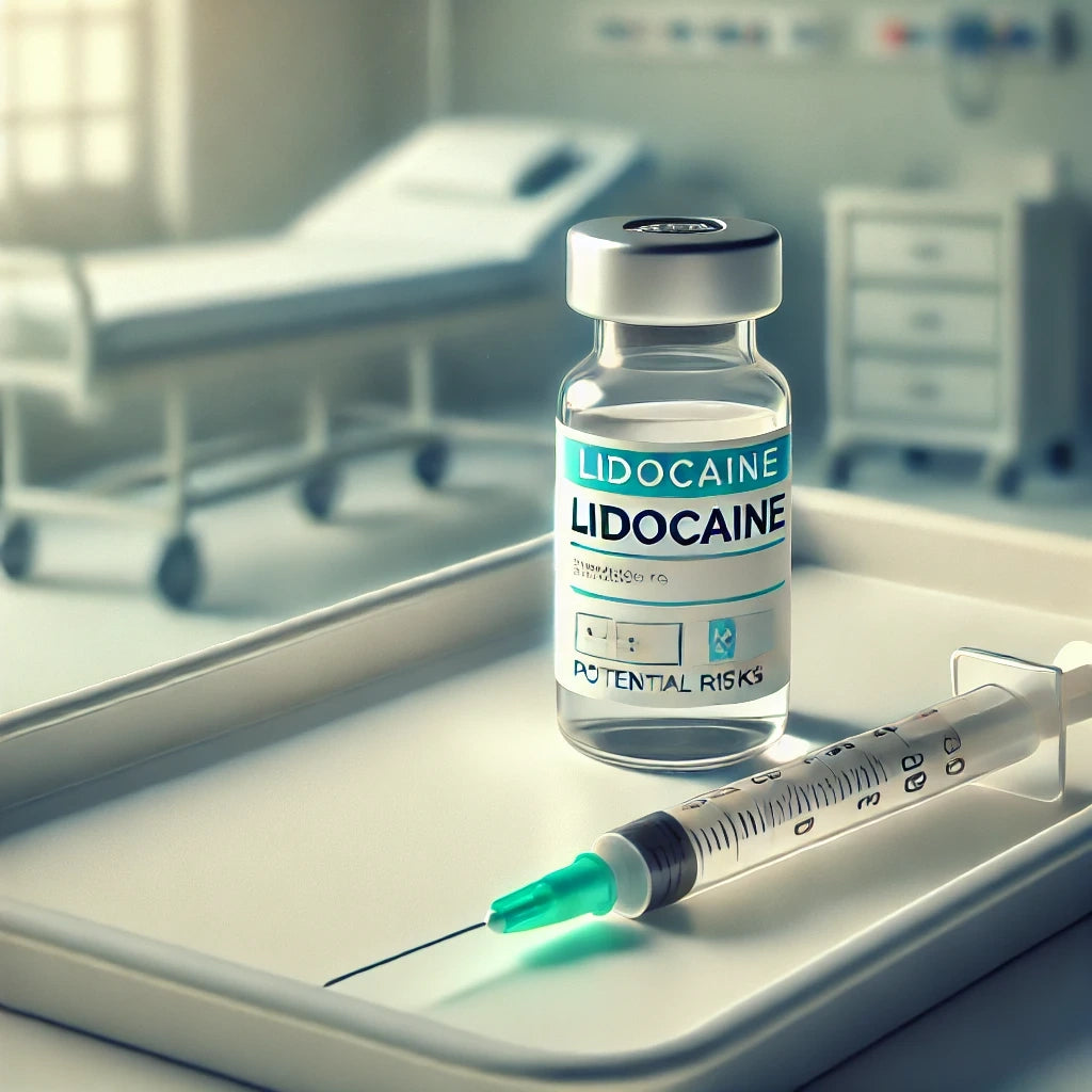 Ein medizinisches Tablett mit einer Lidocain-Ampulle und einer Spritze, begleitet von einer Warnbeschriftung, vor einem dezenten Hintergrund in einem Krankenhaus.